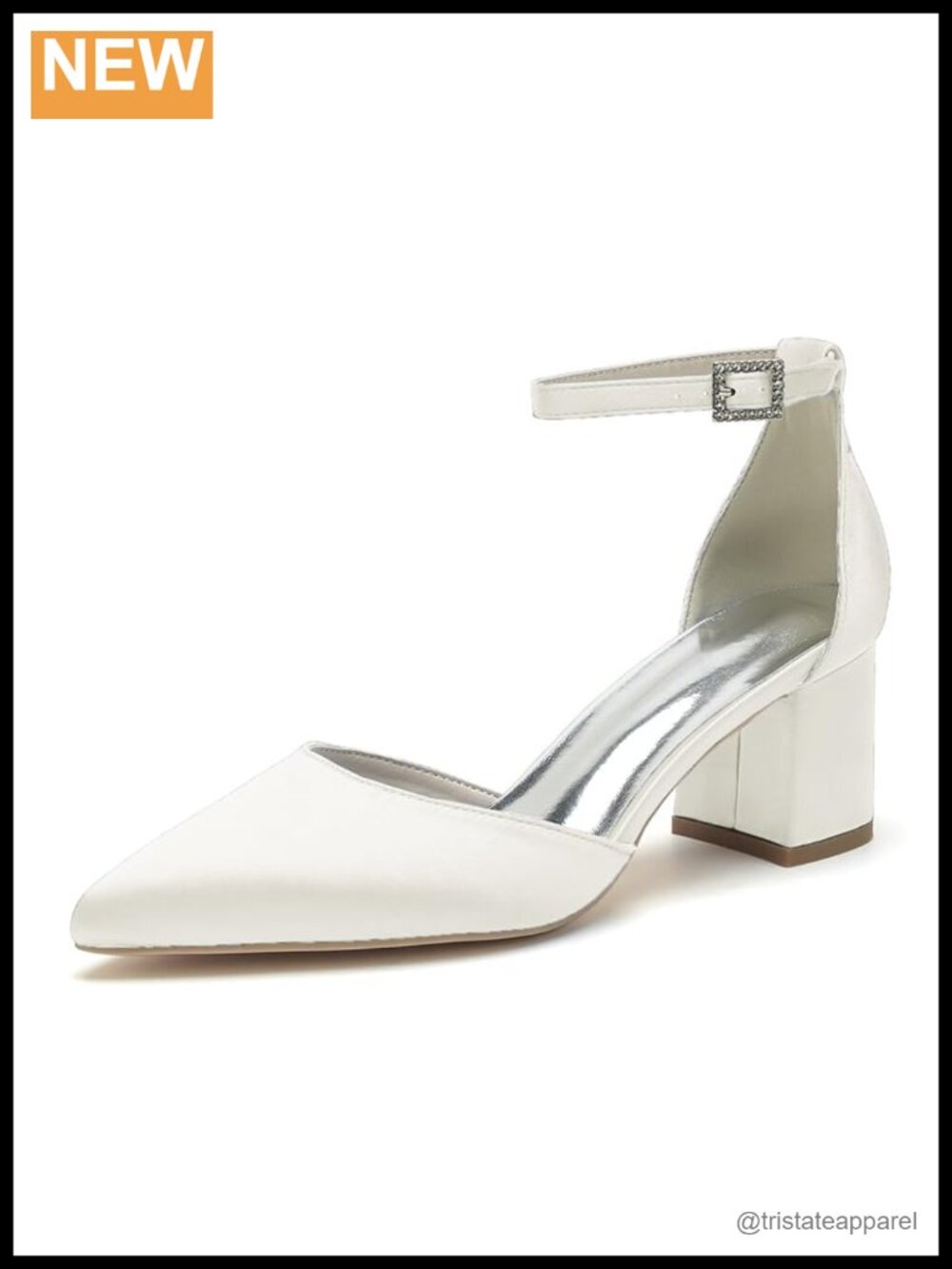 Satin Pointed Toe Chunky Heel Ankle Strap Pumps